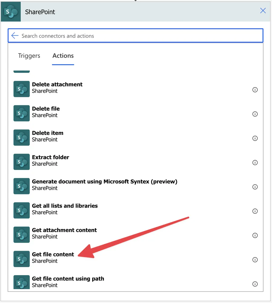 How to find the Get File Content action