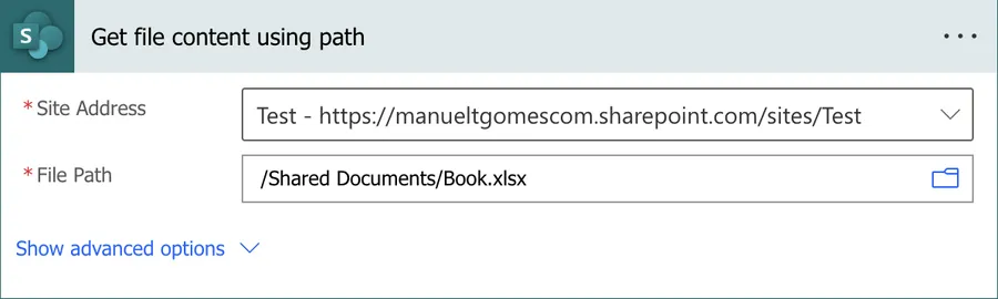 Example usage of "Get file content using path" action in Power Automate