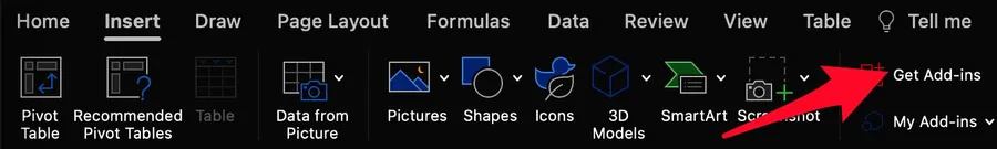 Excel's get add-ins option in the tab