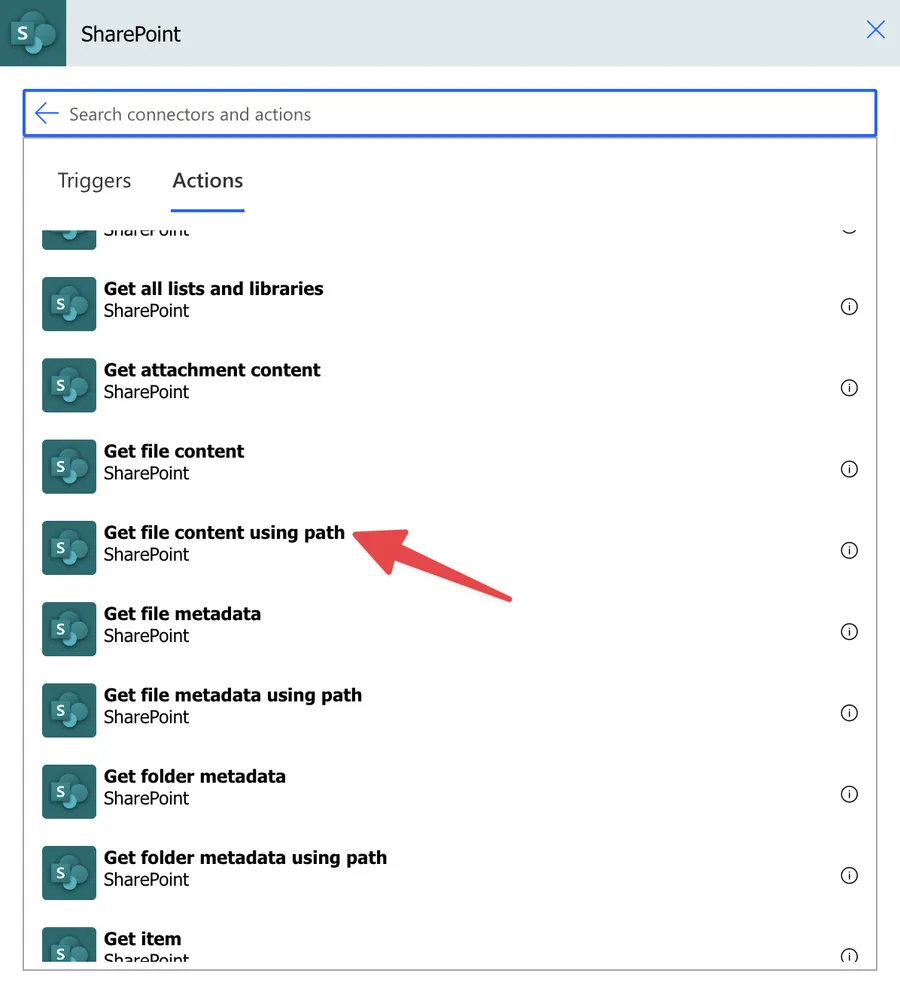 where to find the "Get file content using path" action in Power Automate