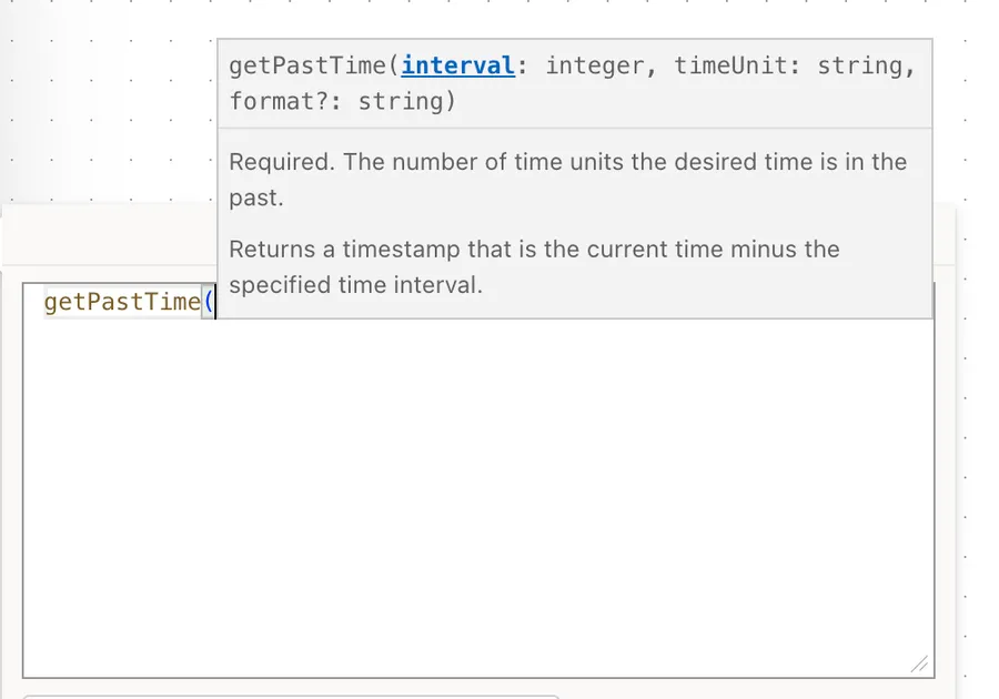 Expression picker open on a Compose action, with getPastTime under the Date and time function group