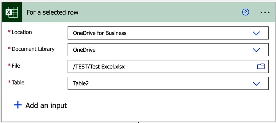 The "for a selected row" filled in with test values.