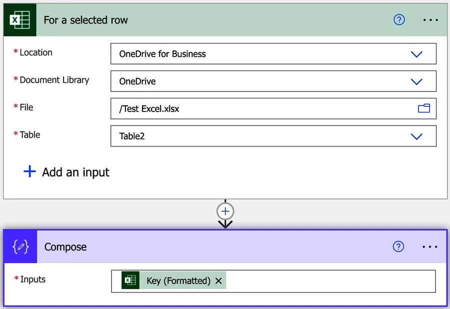 The Flow that we'll use to demonstrate how the "for a selected row" trigger works. It will include the trigger and a compose with the key.