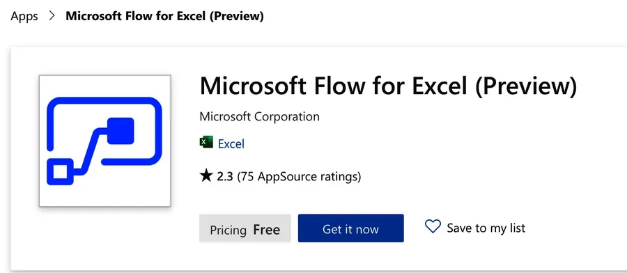 Microsoft Market's Flow for Excel install window