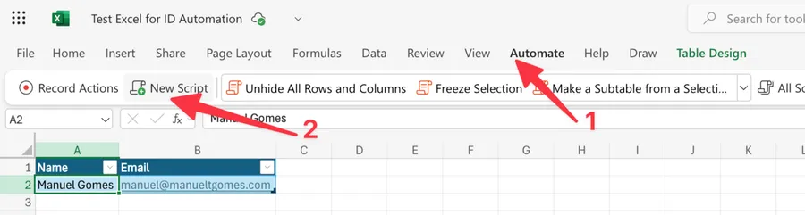 Where to find and create the script that generates the Excel ID