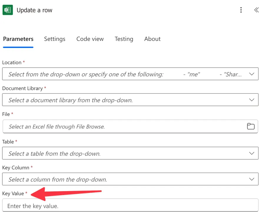 Update a row action that shows where the Excel ID needs to be used. 