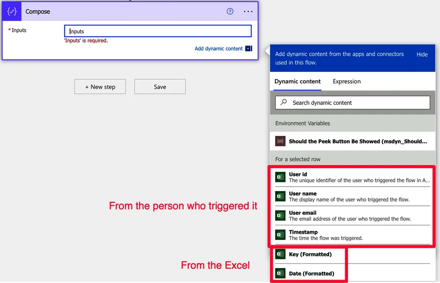 List of the two types of variables that the trigger returns. The first details from the person who triggered it and the second the information from Excel.
