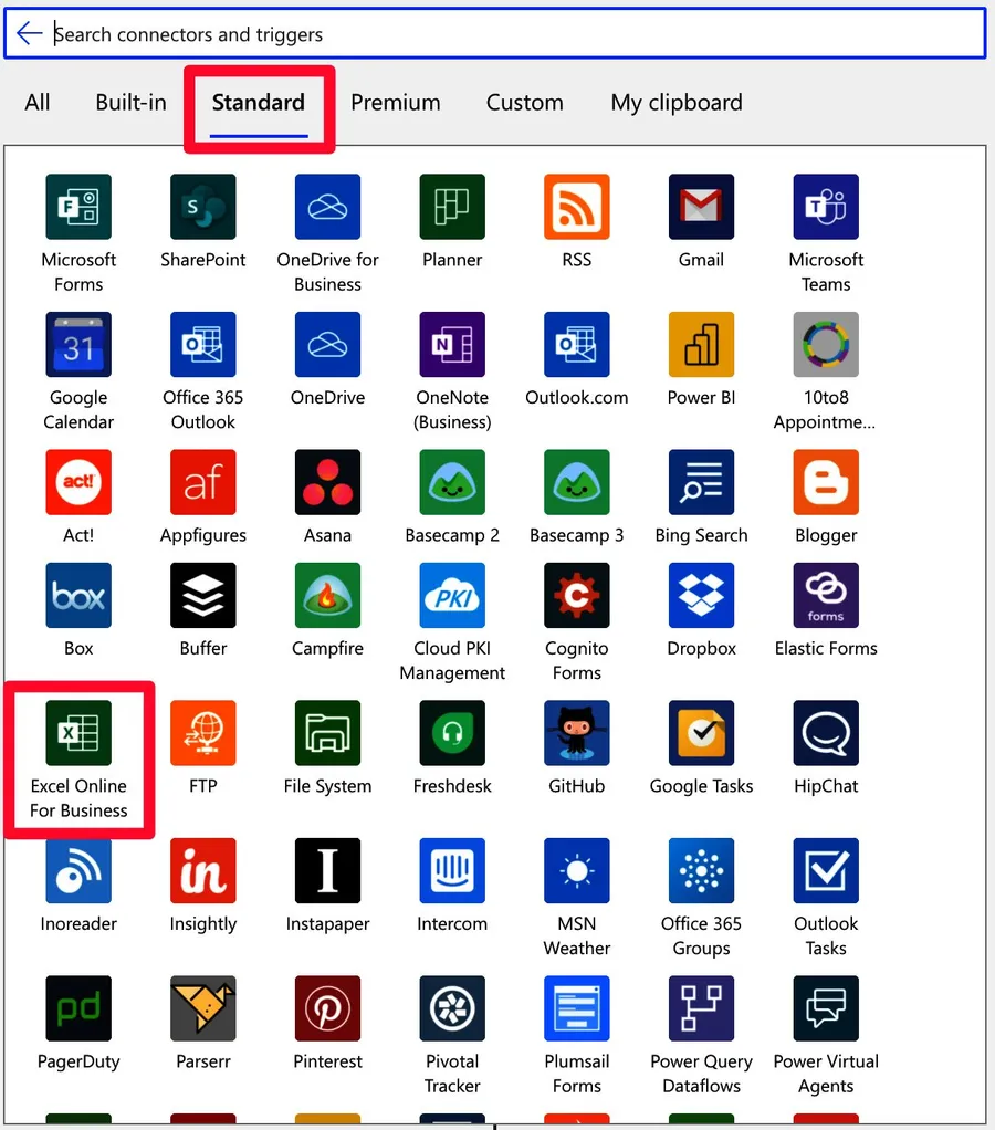 You can find the Excel Online for Business in the Standard tab. You may need to expand the options to find it.