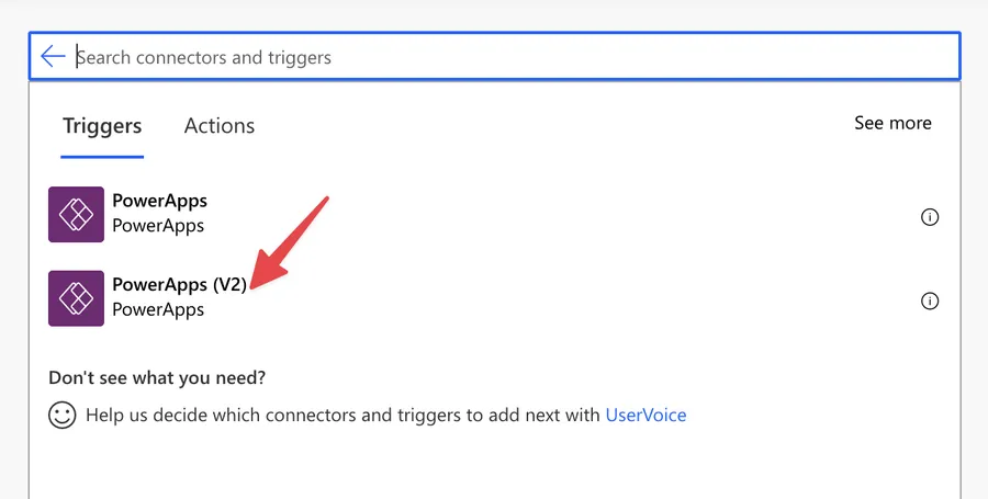 Select the "PowerApps (V2)" trigger from the UI