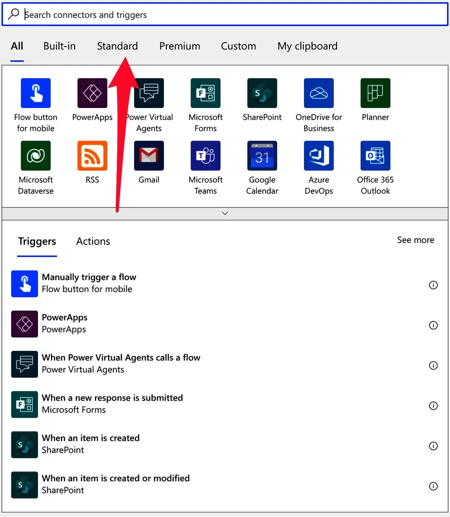 In the list of connectors and triggers in Power Automate access the "Standard" option 