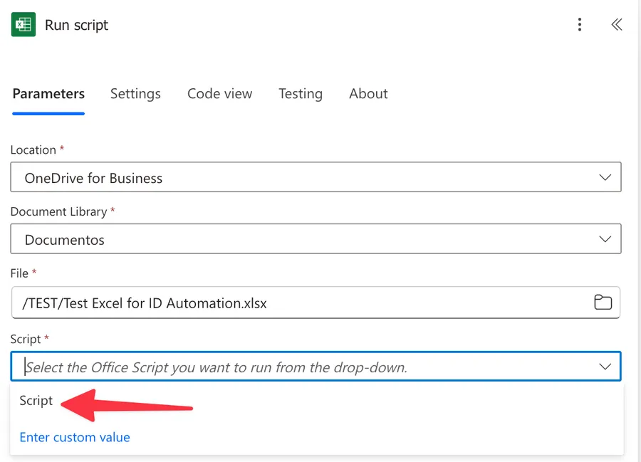 Where to select the script in the Excel file to generate the Excel ID