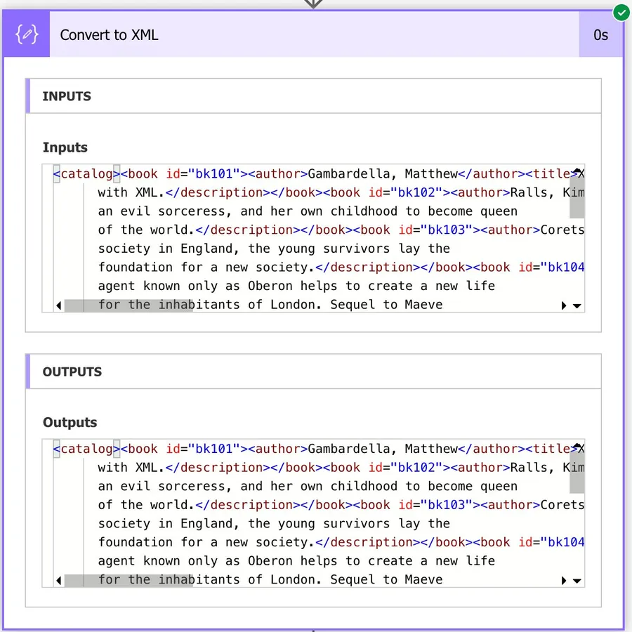 The result of the XML function while converting an XML text into an XML document. Visually it looks the same, but it's not. 