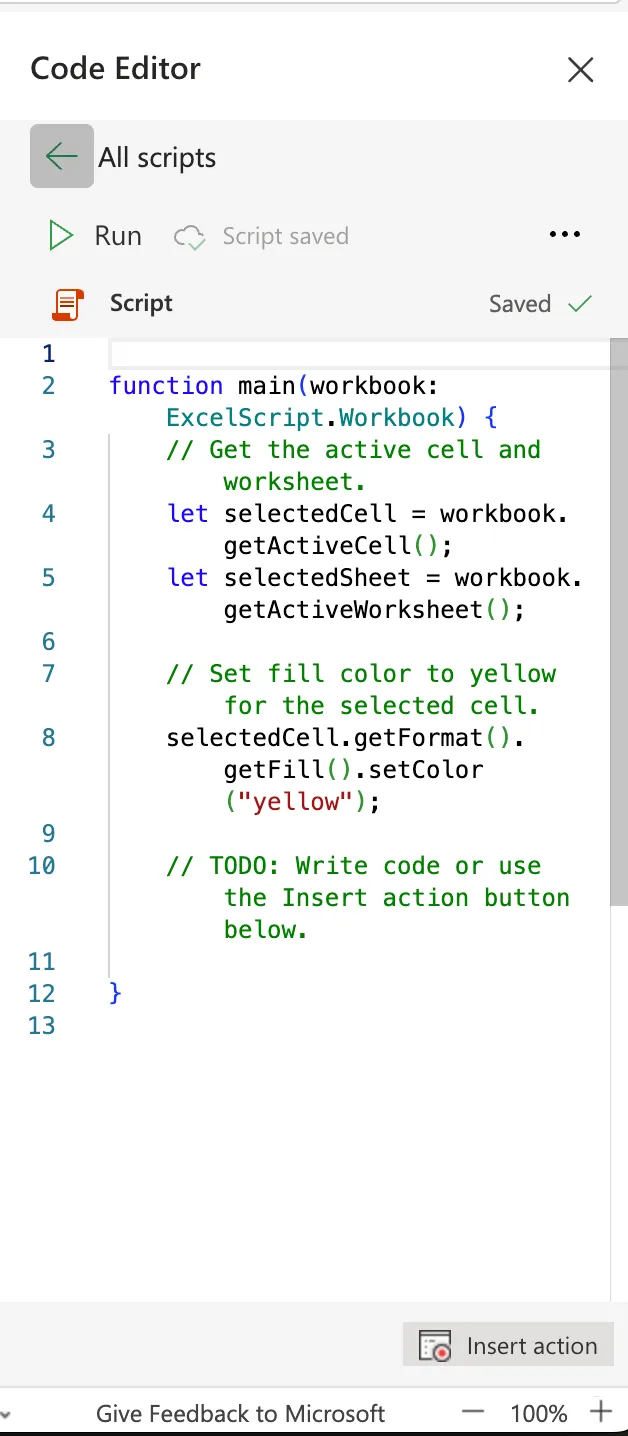 Excel script tab with the default code. We'll remove this and add our own code to generate the Excel ID