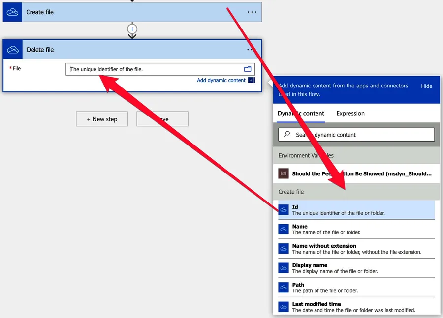 Explanation on how to properly link the "create file" action with the "delete file" action.